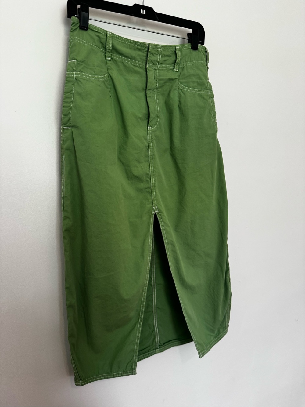 Pilcro Olive Green Midi Skirt with Front Vent